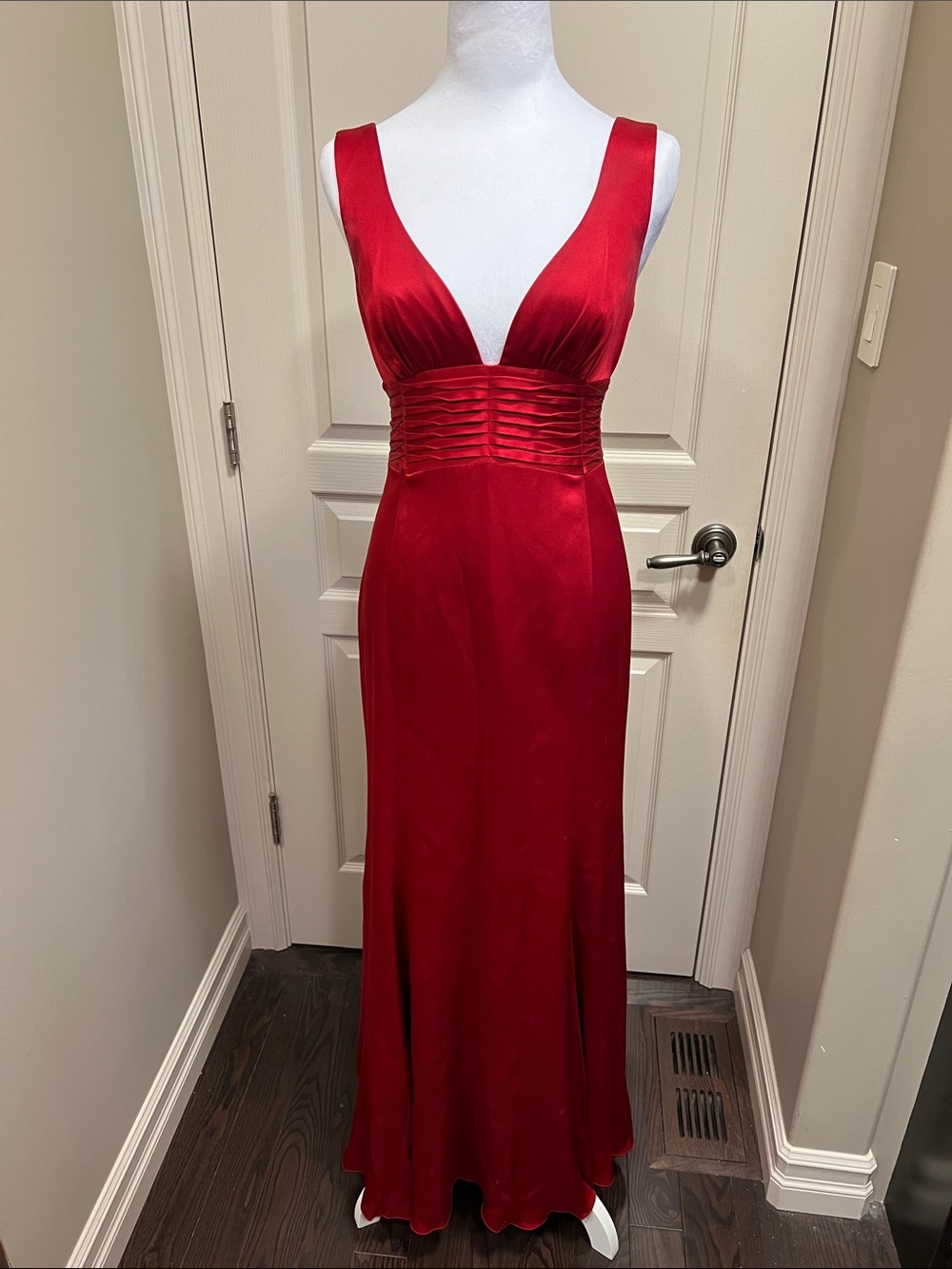 Nicole Miller Red Evening Gown - Deep V Satin Dress